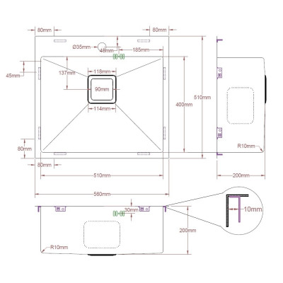 Кухонна мийка Fabiano Quadro TOP 56 R10 (560x510) 1,20 мм